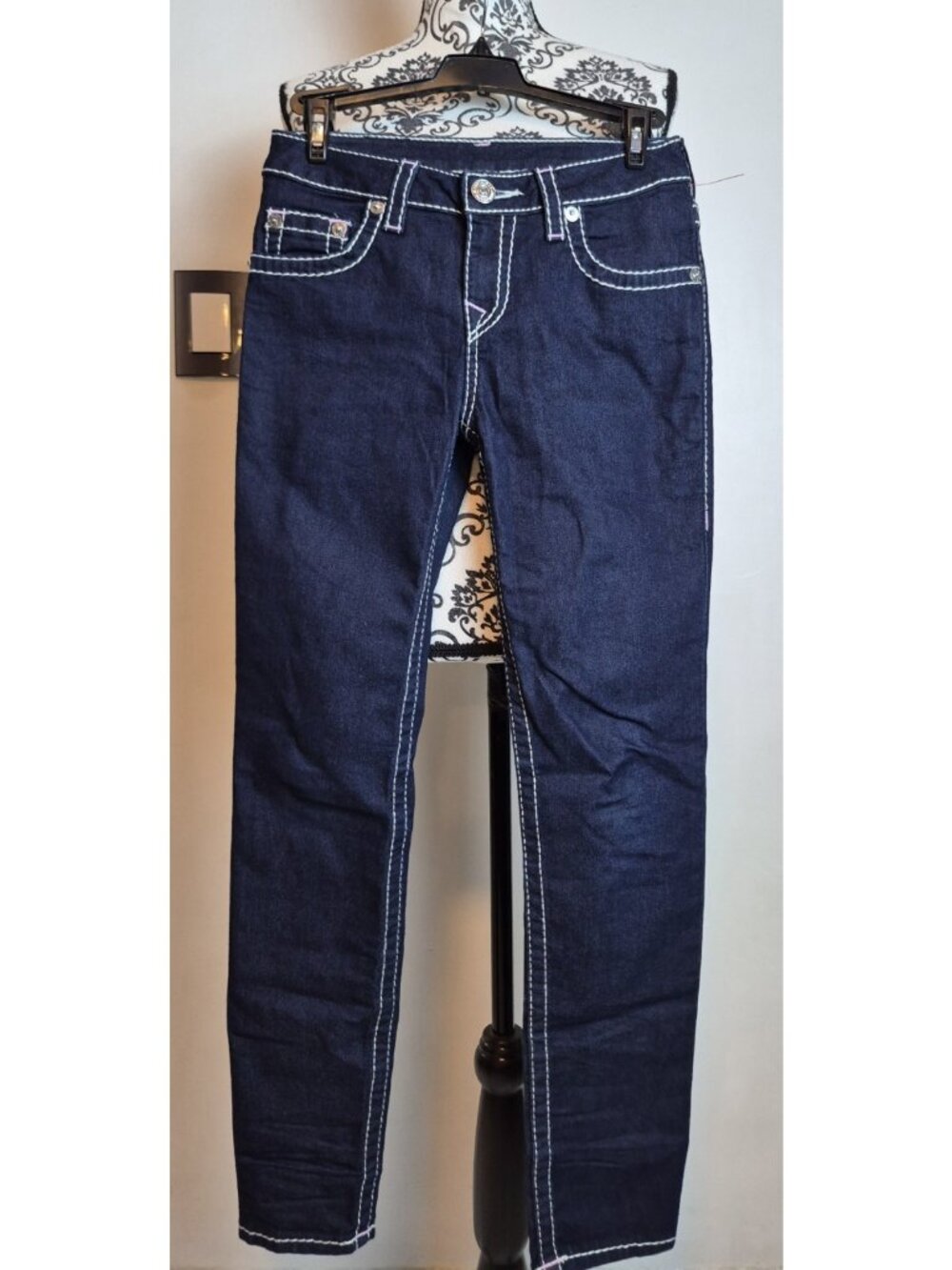 True Religion Girl Straight Super T Pink Thick Stitch Dark Wash Blue Jeans Sz 12